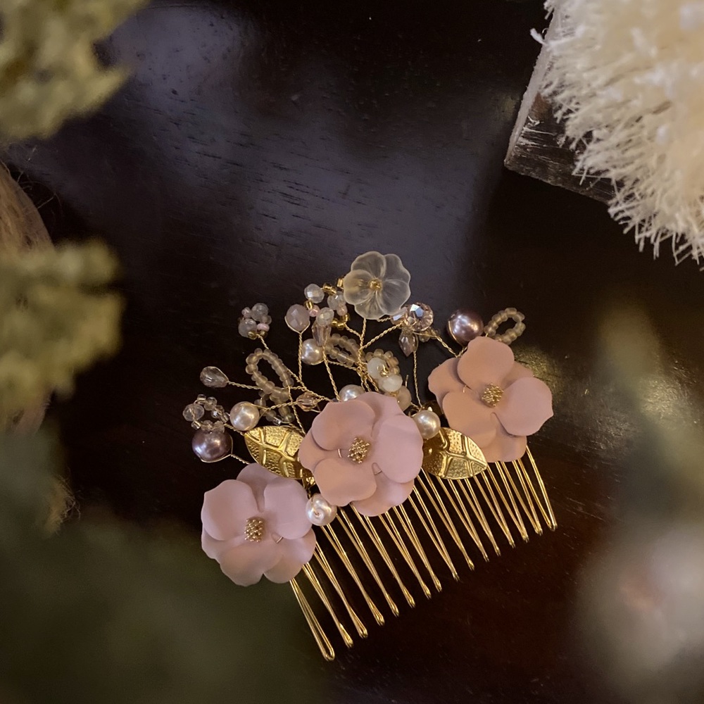 Hair comb gold 22k gold plated with flowers